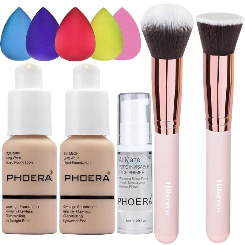 Hilareco PHOERA 2 Pack Nude 102 Foundation & Primer Set, Full Coverage, Matte Finish, 24 HR Oil Control Concealer, Foundation Brush, Powder Brush, 5 Makeup Sponge - Image 1
