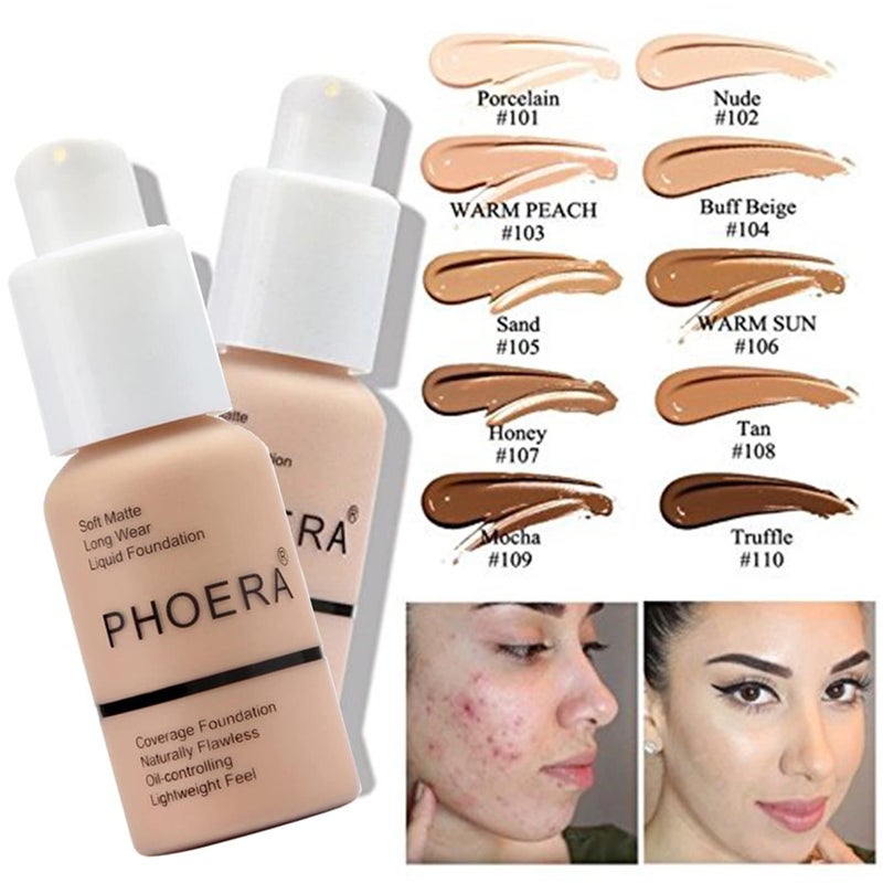 Hilareco PHOERA 2 Pack Nude 102 Foundation & Primer Set, Full Coverage, Matte Finish, 24 HR Oil Control Concealer, Foundation Brush, Powder Brush, 5 Makeup Sponge - Image 2