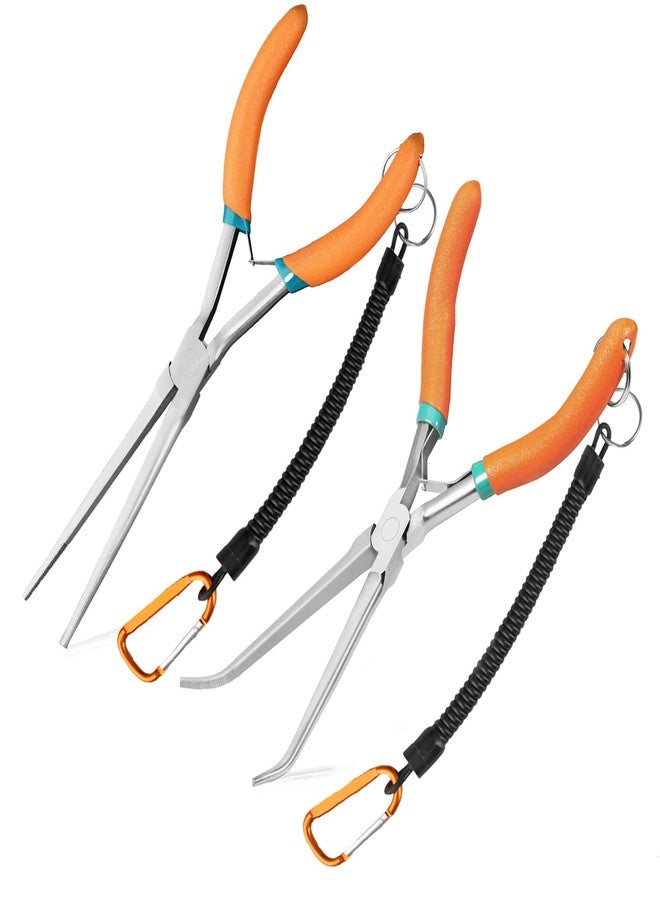 LEONTOOL 2 PCS Extra Long Bent & Straight Needle Nose Pliers Set for Jewelry Making & Fishing Hook Removal with Serrated Jaw & Lanyard - Image 1