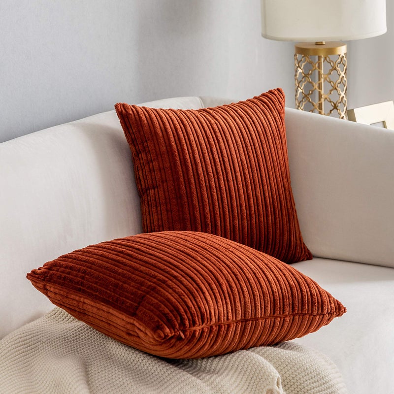 Kevin Textile Fall Solid Striped Velvet Corduroy Couch Chair Cushion Cover Throw Pillow for Seasonal Autumn 20 x 20 2 Pack Burnt Brick