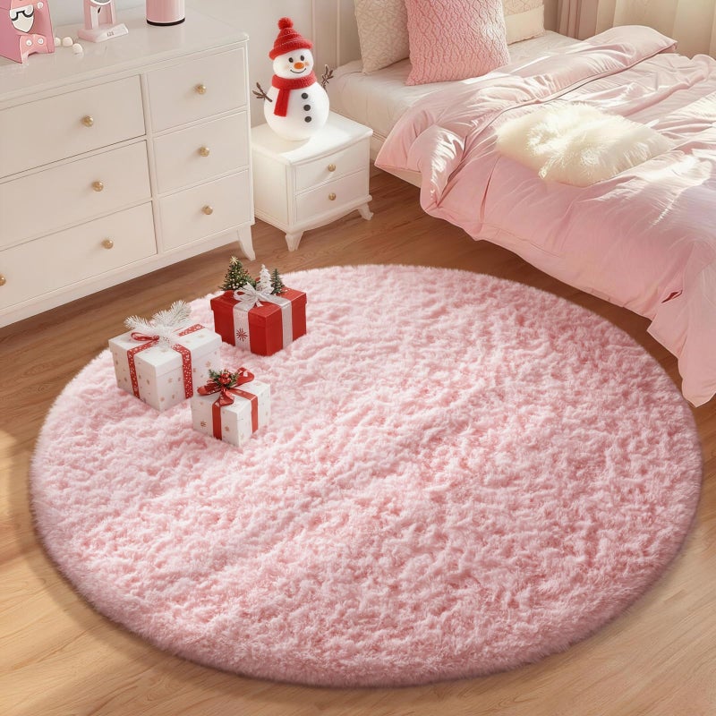 Ophanie Round Rugs 5Ft Pink Circle Area Rug, Fluffy Fuzzy Bedroom Carpet, Plush Soft Shaggy Indoor Floor Kawaii Living Room Rugs for Kids, Cute Room Decor for Teen Girls Home Decor Aesthetic, Nursery - Image 3