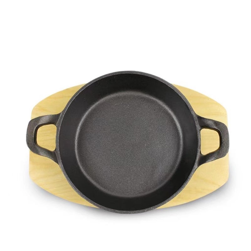 Source manufacturers cast iron pan mini frying pan uncoated non-stick pan Foreign Trade Single 16cm 18cm double ear frying pan(Single pot + wooden tray, Diameter 14cm) - Image 3