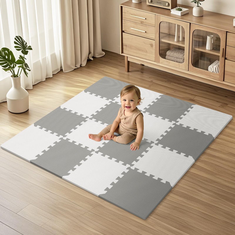 PIGLOG 16 Tiles Baby Play Mat for Floor, EVA Foam Baby Floor Play Mat with 0.6 Inch Thick Interlocking Foam Tiles, Foam Floor Tiles for Baby, Toddlers and Kids (Grey-White, 16PCS) - Image 1