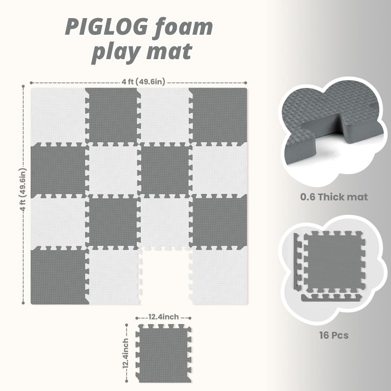 PIGLOG 16 Tiles Baby Play Mat for Floor, EVA Foam Baby Floor Play Mat with 0.6 Inch Thick Interlocking Foam Tiles, Foam Floor Tiles for Baby, Toddlers and Kids (Grey-White, 16PCS) - Image 3
