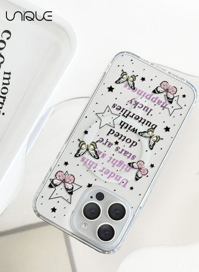 Unique Compatible with iPhone 15 Pro Max Case, MagSafe Case, Pink Black English Graffiti Case, Pink Yellow Butterfly Case, TPU Drop Protection - Clear - Image 5