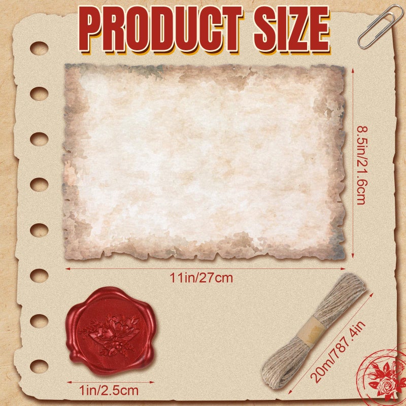 Sinload Vintage Writing Invitations Set Includes 100 Letter Antique Scroll Rustic Papers 100 Wax Seal Stickers 3 Strands of Twine for Valentines Mother Stationery Old Medieval Cardstock(8.5 x 11 Inch) - Image 2