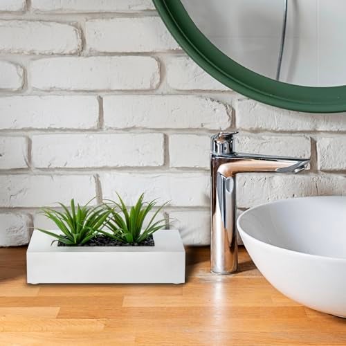 MyGift 10 Inch Artificial Grass Fake Plants in White Rectangular Wood Planter - Faux Plants Indoor for Tabletop Centerpiece Décor - Image 3