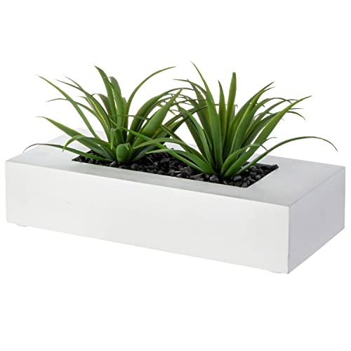 MyGift 10 Inch Artificial Grass Fake Plants in White Rectangular Wood Planter - Faux Plants Indoor for Tabletop Centerpiece Décor - Image 1