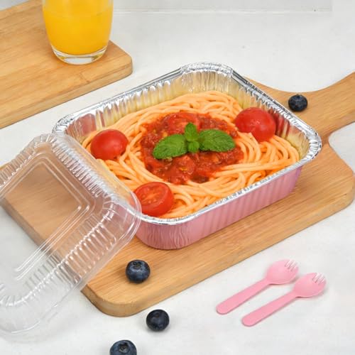 Benestanti (35-Pack) Pink 8x8 Inch Disposable Aluminum Pans with Plastic Lids,Stickers and Cake Spoons,Square Cake Pans for Parties,Baking Trays,Foil Pans for Holiday Cooking, Parties Meal Prep, Storage - Image 2