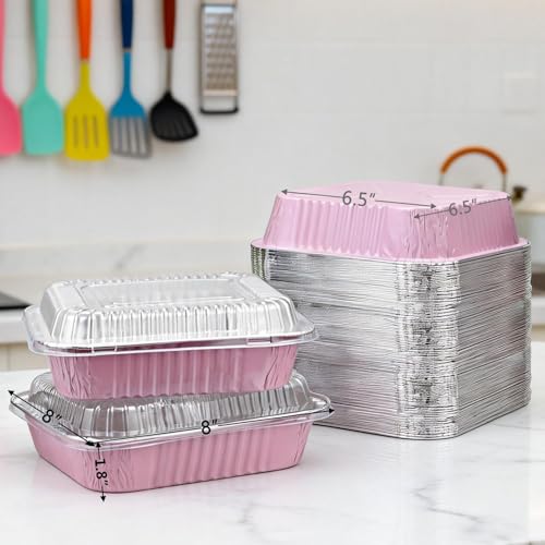 Benestanti (35-Pack) Pink 8x8 Inch Disposable Aluminum Pans with Plastic Lids,Stickers and Cake Spoons,Square Cake Pans for Parties,Baking Trays,Foil Pans for Holiday Cooking, Parties Meal Prep, Storage - Image 3