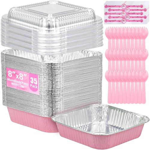 Benestanti (35-Pack) Pink 8x8 Inch Disposable Aluminum Pans with Plastic Lids,Stickers and Cake Spoons,Square Cake Pans for Parties,Baking Trays,Foil Pans for Holiday Cooking, Parties Meal Prep, Storage - Image 1