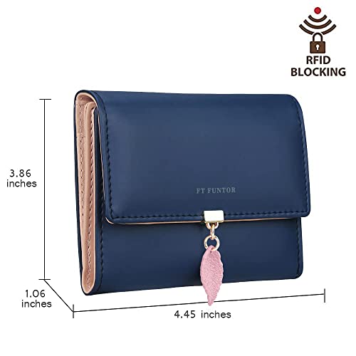 FT FUNTOR RFID Wallets for Women, Leaf Card Holder Trifold Ladies Wallets Coins Zipper Pocket with ID Window (9.8-Indigo Blue) - Image 5