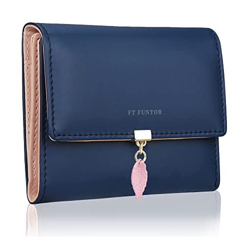 FT FUNTOR RFID Wallets for Women, Leaf Card Holder Trifold Ladies Wallets Coins Zipper Pocket with ID Window (9.8-Indigo Blue) - Image 1
