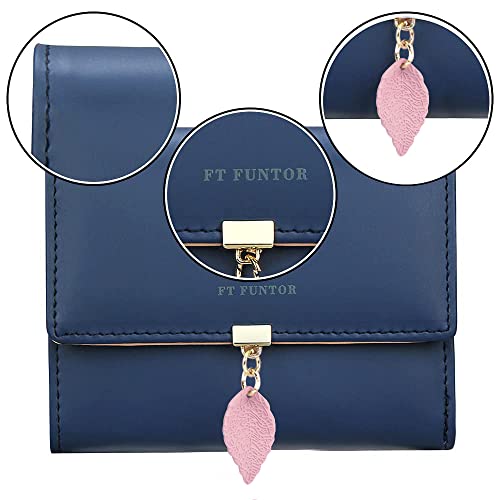 FT FUNTOR RFID Wallets for Women, Leaf Card Holder Trifold Ladies Wallets Coins Zipper Pocket with ID Window (9.8-Indigo Blue) - Image 3