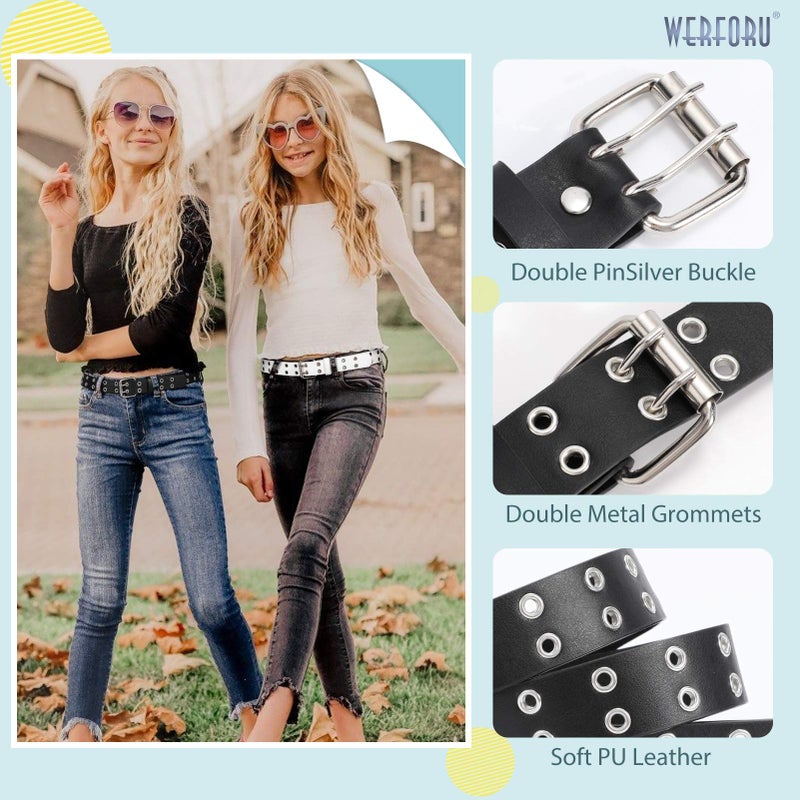 WERFORU Kids Double Grommet Belt with Holes for Girls Boys PU Two Row Grommet Waist Belt for Jeans Dress - Image 3