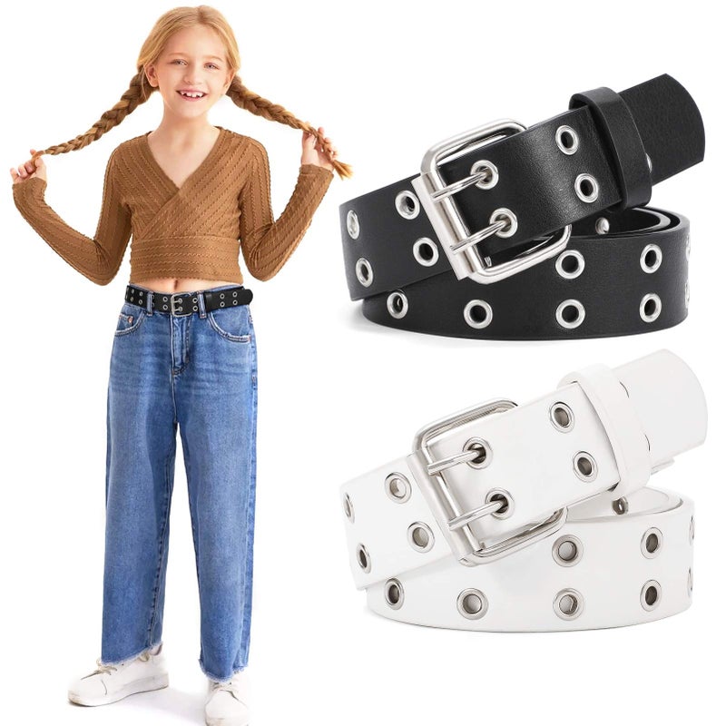 WERFORU Kids Double Grommet Belt with Holes for Girls Boys PU Two Row Grommet Waist Belt for Jeans Dress - Image 1