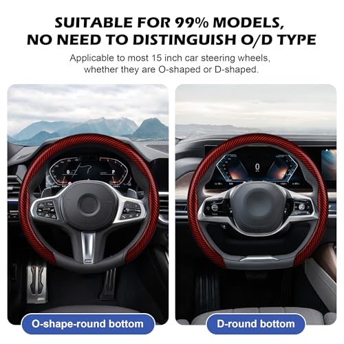 Frani Leather Steering Wheel Cover,Universal Fit 15 Inch-Premium Non-Slip Breathable Comfort Grip for Cars Trucks SUVs,Anti-Slip Durable Interior Upgrade Carbon Fiber Pattern (Red) - Image 3
