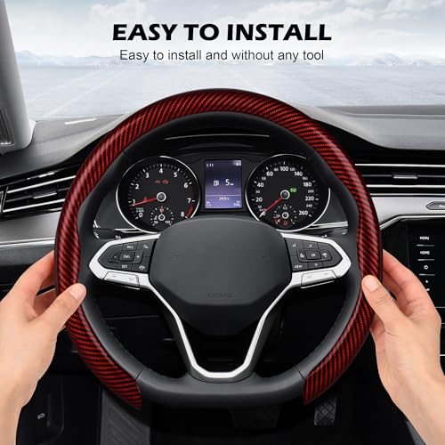 Frani Leather Steering Wheel Cover,Universal Fit 15 Inch-Premium Non-Slip Breathable Comfort Grip for Cars Trucks SUVs,Anti-Slip Durable Interior Upgrade Carbon Fiber Pattern (Red) - Image 4