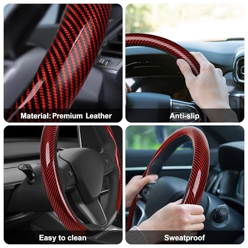 Frani Leather Steering Wheel Cover,Universal Fit 15 Inch-Premium Non-Slip Breathable Comfort Grip for Cars Trucks SUVs,Anti-Slip Durable Interior Upgrade Carbon Fiber Pattern (Red) - Image 5