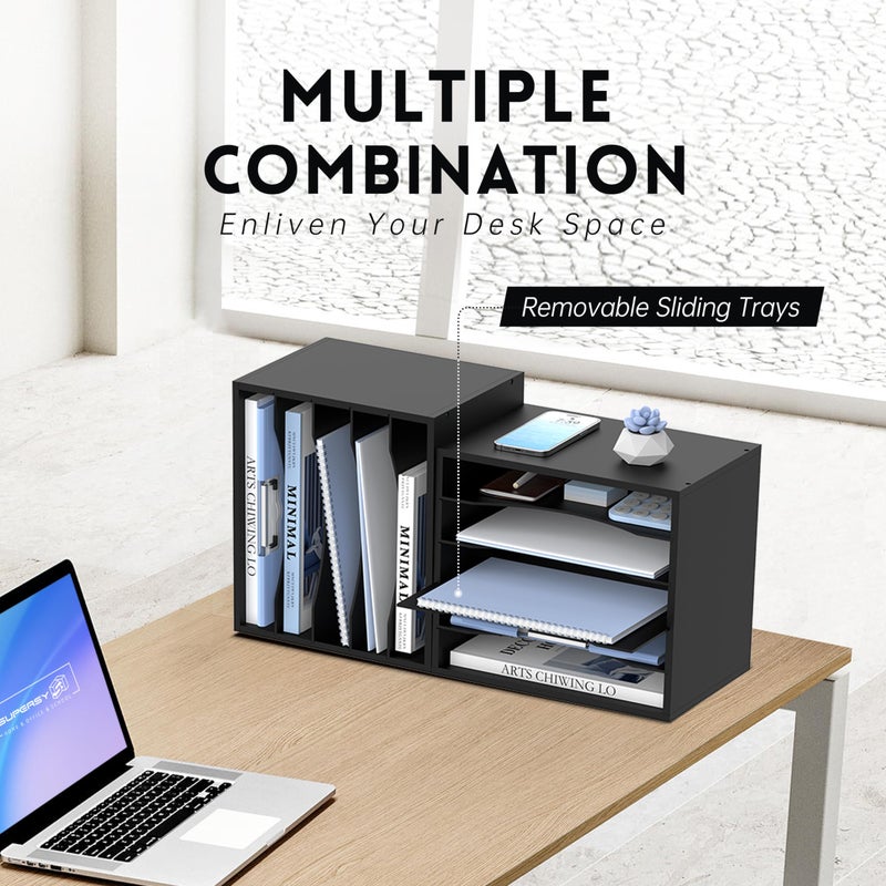 SUPEASY Wood Desk Organizer, 5 Tier Paper File Organizer for Desk, Wooden Desktop Organizer, Paper Letter Literature Mail Sorter, for Office School & Home Organization, Black - Image 2