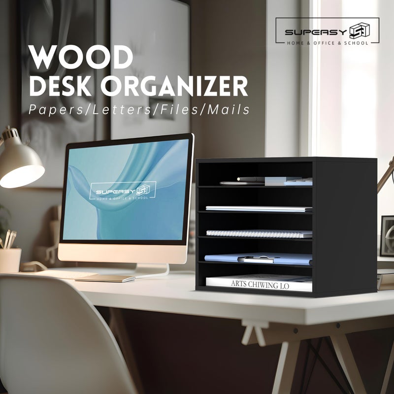 SUPEASY Wood Desk Organizer, 5 Tier Paper File Organizer for Desk, Wooden Desktop Organizer, Paper Letter Literature Mail Sorter, for Office School & Home Organization, Black - Image 4
