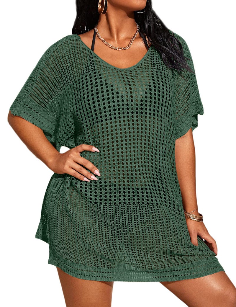 SECRETEYARD Women's Plus Size Swimsuit Cover Up Short Sleeve Hollow Out Swimwear Bathing Suit - Image 1