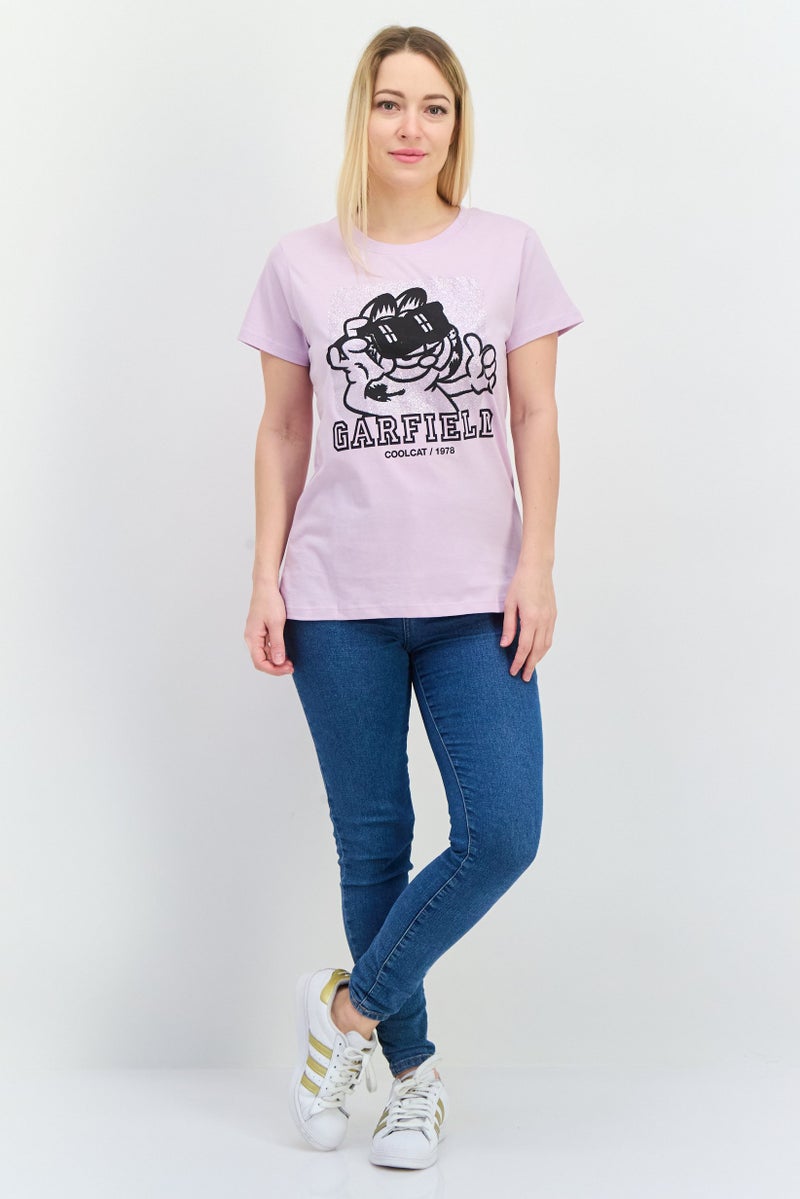nickelodeon Women Crew Neck Short Sleeves Garfield T-Shirt, Lavender - Image 4