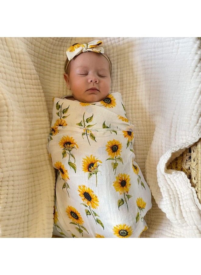 LifeTree - Baby Muslin Swaddle Blanket And Bow Set Newborn Swaddle Set Girl Sunflower Infant Receiving Blanket With Matching Headband Set 47 X 47 Inches Bamboo Cotton - Image 1