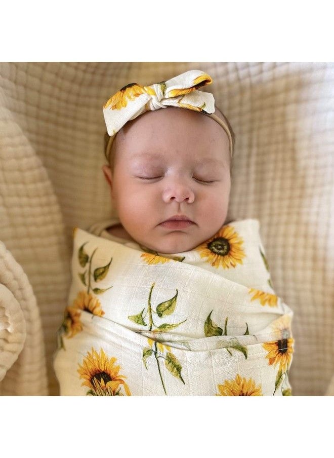LifeTree - Baby Muslin Swaddle Blanket And Bow Set Newborn Swaddle Set Girl Sunflower Infant Receiving Blanket With Matching Headband Set 47 X 47 Inches Bamboo Cotton - Image 1
