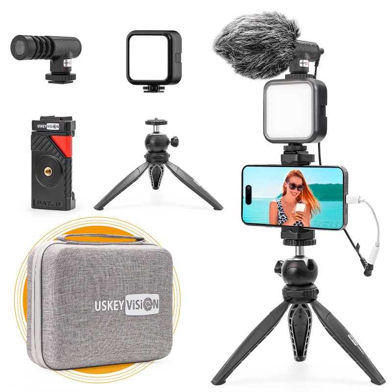 USKEYVISION Smartphone Vlogging Kit for iPhone 161514 MiniProMax Android Smartphone Content Creator Kit wMicrophone Light AutoSwitch Phone Clip for YouTube Tiktok Live Steam Vlog K2
