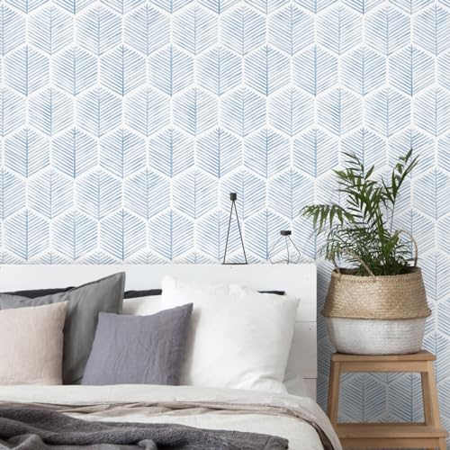 MelunMer Modern Peel and Stick Wallpaper Boho Contact Paper for Cabinets/Drawers 197In L 17.3In W Self Adhesive Removable Wallpaper for Bedroom/Bathroom Waterproof Geometric Contact Paper Blue/White - Image 2