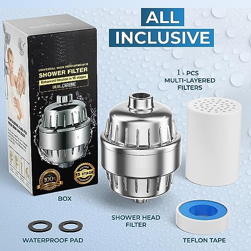 FEELSO 15 Stage Shower Sedimentation Filter With Vitamin C For Hard Water - High Output Shower Water Filter To Remove Chlorine And Fluoride - 2 Cartridges Included Water Flow Showerhead Filter,Silver - Image 2