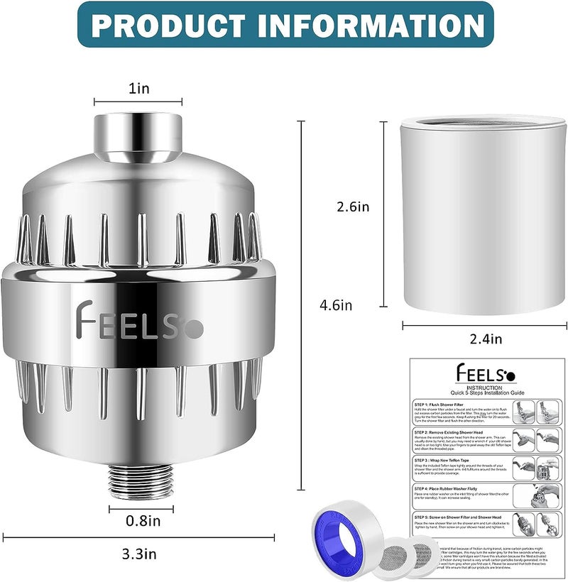 FEELSO 15 Stage Shower Sedimentation Filter With Vitamin C For Hard Water - High Output Shower Water Filter To Remove Chlorine And Fluoride - 2 Cartridges Included Water Flow Showerhead Filter,Silver - Image 3