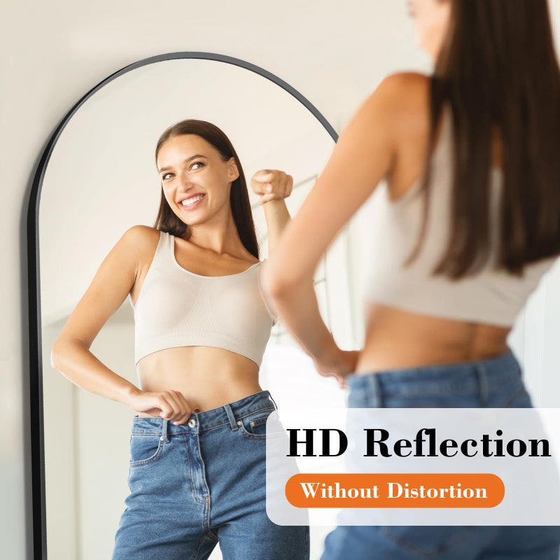 DUMOS Arched Full Length Mirror with Stand 64"x21" Floor Standing Aluminum Frame for Bedroom Body Hanging Leaning Modern Simple Home Decor Shatter-proorf Nano Glass Wall Living Room Cloakroom Black - Image 4