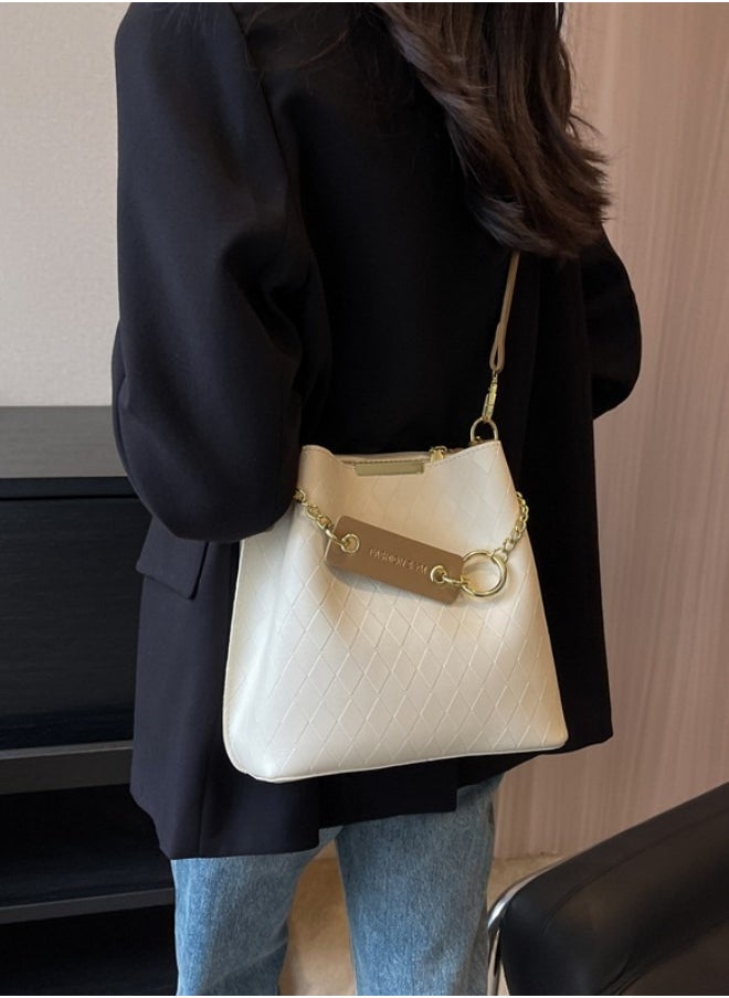 WAOKN - Women's New Simple and fashionable Large-capacity Shoulder Bag, Girls' Diamond Plaid Crossbody Bag Handbag, PU Leather Bucket Bag Tote Bag for Ladies(Beige) - Image 1