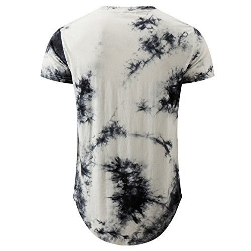KLIEGOU Mens Hip Hop Tie-Dyed Hipster Curve Hem T Shirt(1803ZR White L) - Image 2