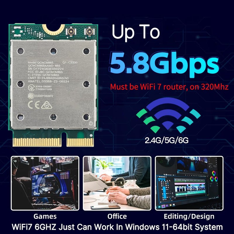 DERAPID WiFi 7 Card QCNCM865-5.8Gbps Tri-Band 802.11be Wireless Adapter, 2.4/5/6GHz BT 5.3 M.2 Key E for PC Laptop Windows 11 Only, Includes WiFi Antennas Compatible with Intel & AMD - Image 3