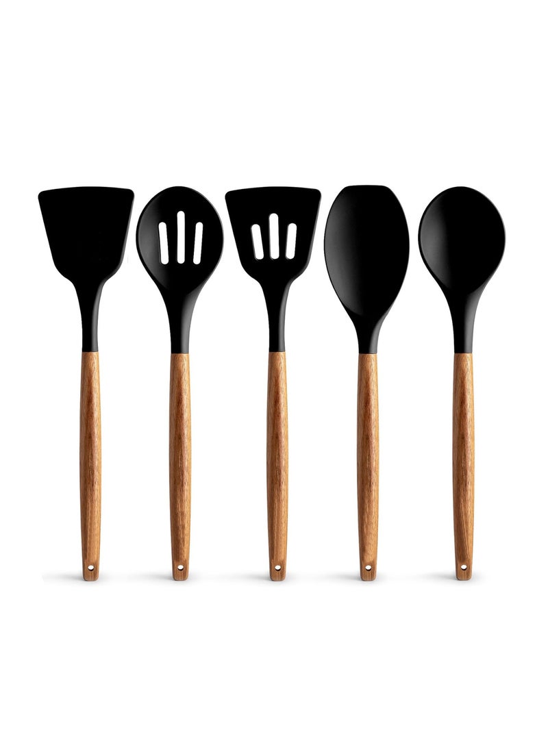 5-Piece Bamboo Handle Nylon Kitchen Utensil Set – Non-Scratch, Heat-Resistant Cooking Tools – Spoon, Slotted Spoon, Spatula, Slotted Spatula, and Scraper Spoon – Multipurpose and Easy to Use  - Image 1