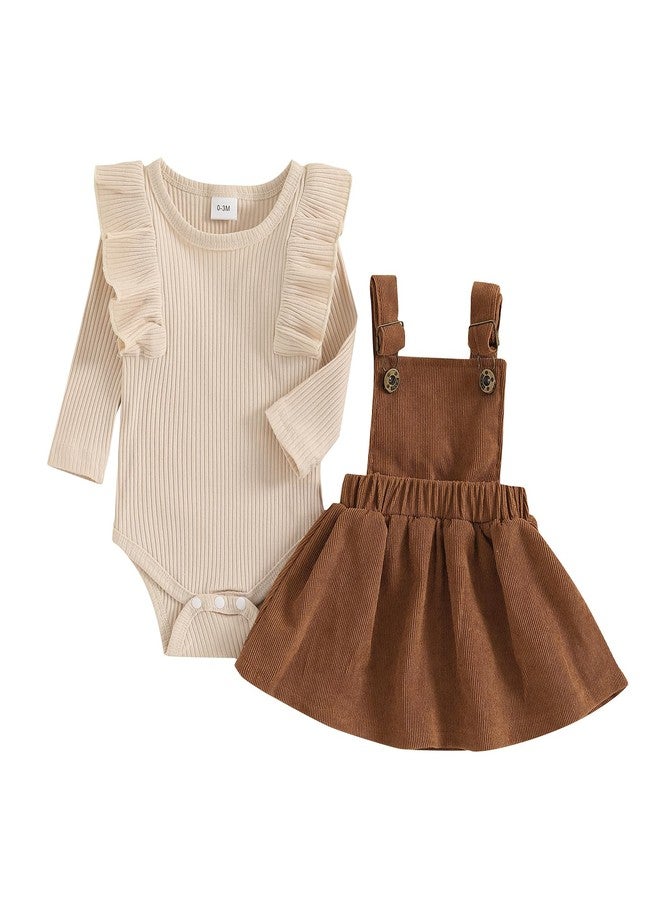 KMBANGI Newborn Infant Baby Girl Skirt Set Ruffle Long Sleeve Knit Romper Corduroy Suspender Dress Skirt Fall Winter Clothes (Beige, 6-9 Months) - Image 1