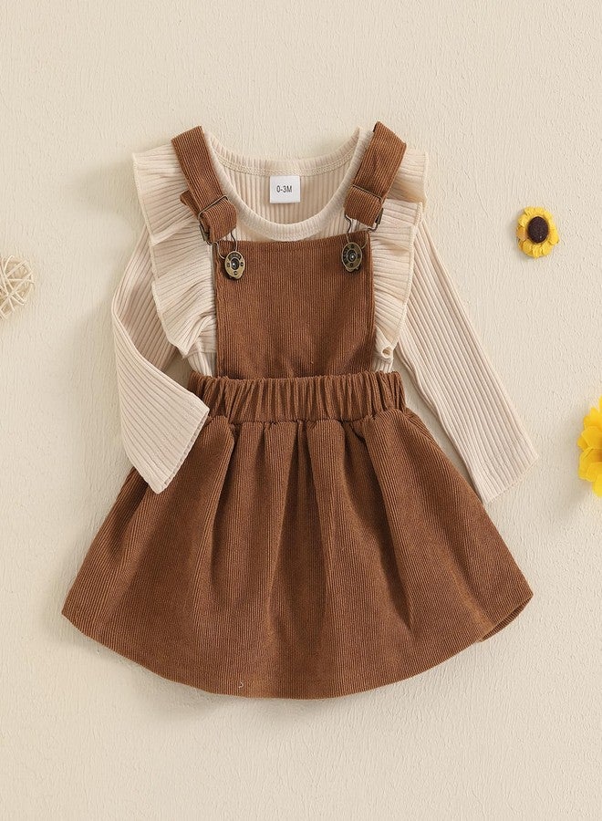 KMBANGI Newborn Infant Baby Girl Skirt Set Ruffle Long Sleeve Knit Romper Corduroy Suspender Dress Skirt Fall Winter Clothes (Beige, 6-9 Months) - Image 3