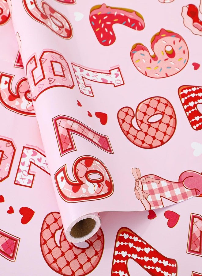 Whaline 67 Funny Sweet Cookie Heart Wrapping Paper - Mini Roll - 16.9 Inch x 32.8 Ft Pink Red Popular Six Seven Internet 6 7 Gift Wrap Paper for Wedding Birthday Baby Shower Party DIY Crafts - Image 1