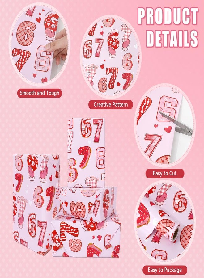 Whaline 67 Funny Sweet Cookie Heart Wrapping Paper - Mini Roll - 16.9 Inch x 32.8 Ft Pink Red Popular Six Seven Internet 6 7 Gift Wrap Paper for Wedding Birthday Baby Shower Party DIY Crafts - Image 2