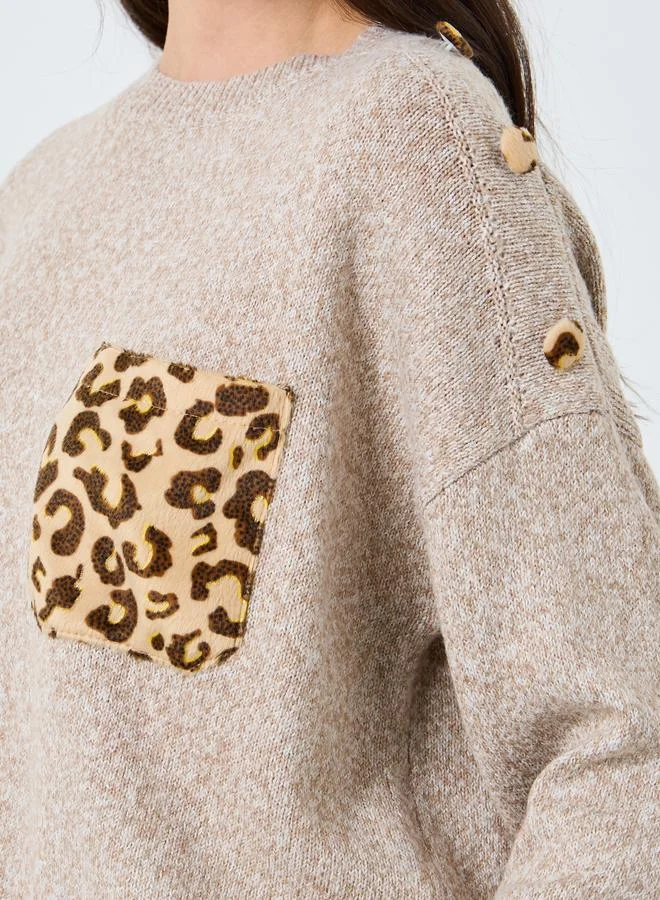 Take Two Take Two Beige Leopard Pocket Print Sweater