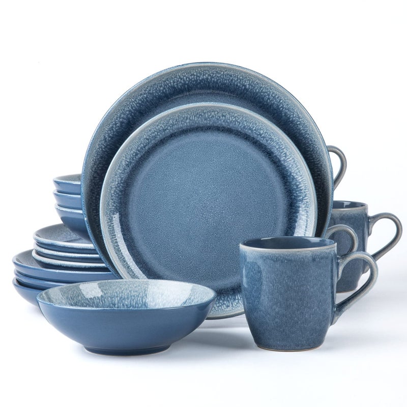 Arora FAIT Round Stoneware 16pc Dinnerware Set for 4 Dinner Plates Side Plates Cereal Bowls Mugs  Reactive Glaze Blue 463014