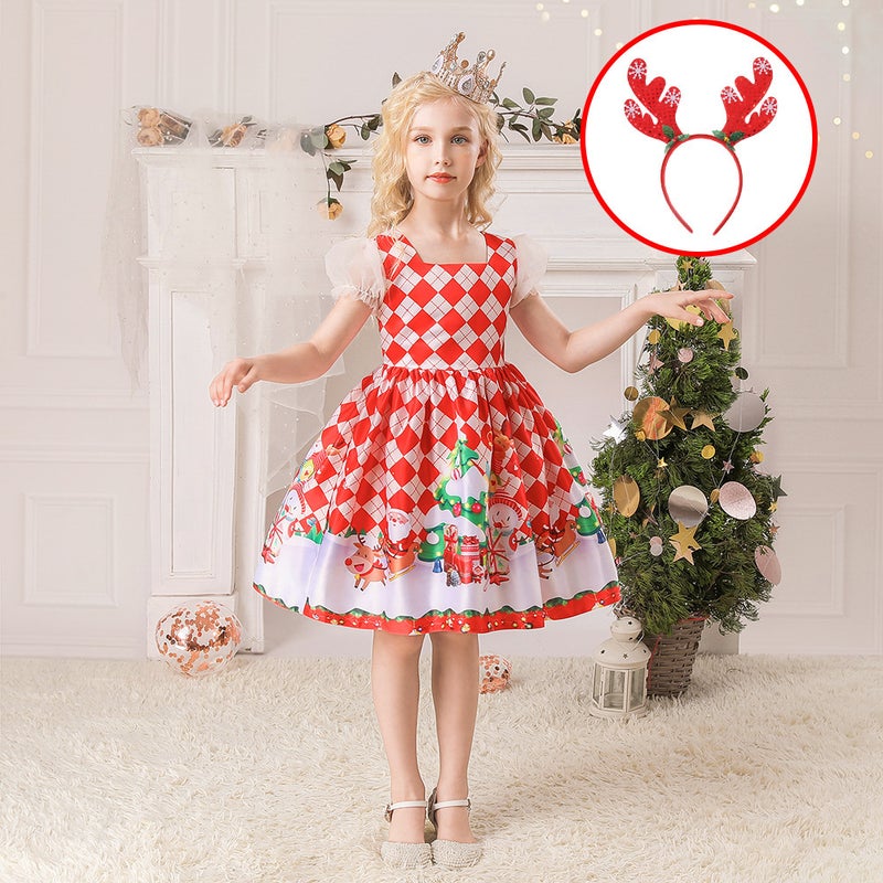 Girls Christmas Dress Christmas Dress Party Costume Childrens Cos Santa Claus Costume Princess Dress SD073-Red (with headband)