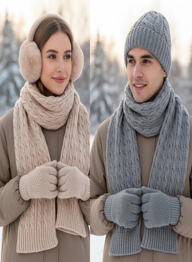 مجموعة ShinyMatch المكونة من 12 قطعة من قبعة وقفازات ووشاح وأغطية للأذنين، قبعة صغيرة مبطنة بالفرو، قفازات تعمل باللمس، وشاح محبوك (أسود، بيج، رمادي، تصميم عصري) - Image 2