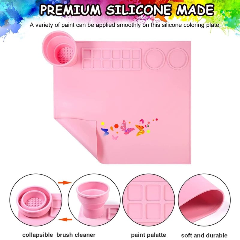 Onishomes Silicone Painting Mat for Kids and Artist with Paint Brush Cleaning Cup, Brush Storage | Non Stick Silicone Sheet for Resin, DIY, Clay, Play Doh (Pink) - Image 2