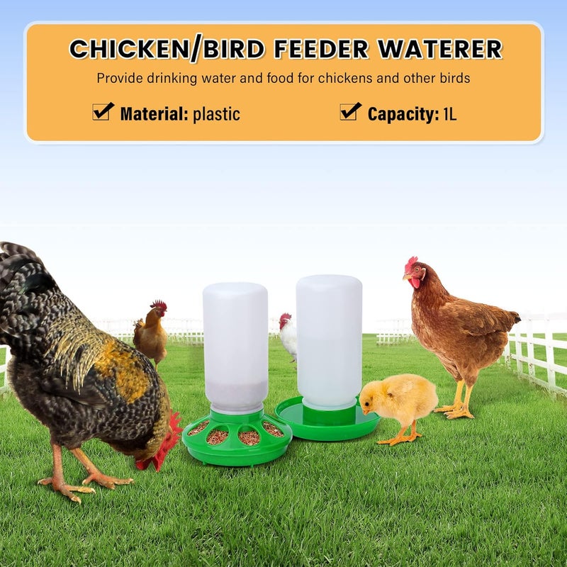 NAOEDEAH Chicken Feeder and Waterer Set no Waste Chick Feeder and Waterer Kit 1L Chicken Water Feeder Poultry Waterer Baby Chick Starter Kit (Green) - Image 2