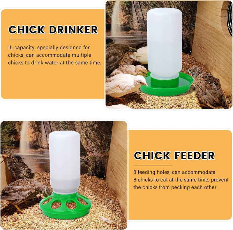 NAOEDEAH Chicken Feeder and Waterer Set no Waste Chick Feeder and Waterer Kit 1L Chicken Water Feeder Poultry Waterer Baby Chick Starter Kit (Green) - Image 3