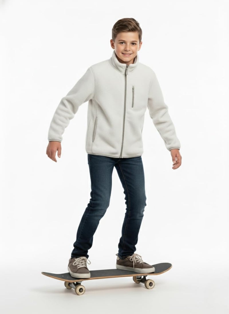 Alan Jones Clothing Boys Fleece Full-Zip Jacket | Soft, Warm & Lightweight Winter Wear | High Collar with Piping at Hem & Sleeves (14-15 Years_Light Grey) - Image 4
